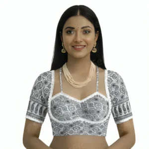 White Ajrak Print Cotton Designer Readymade Blouse for Women | Deep Back Stylish Saree Blouse