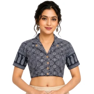 Readymade Cotton Ajrak Print Blouse for Women | Padded Collar Neck | Alterable (32-36)